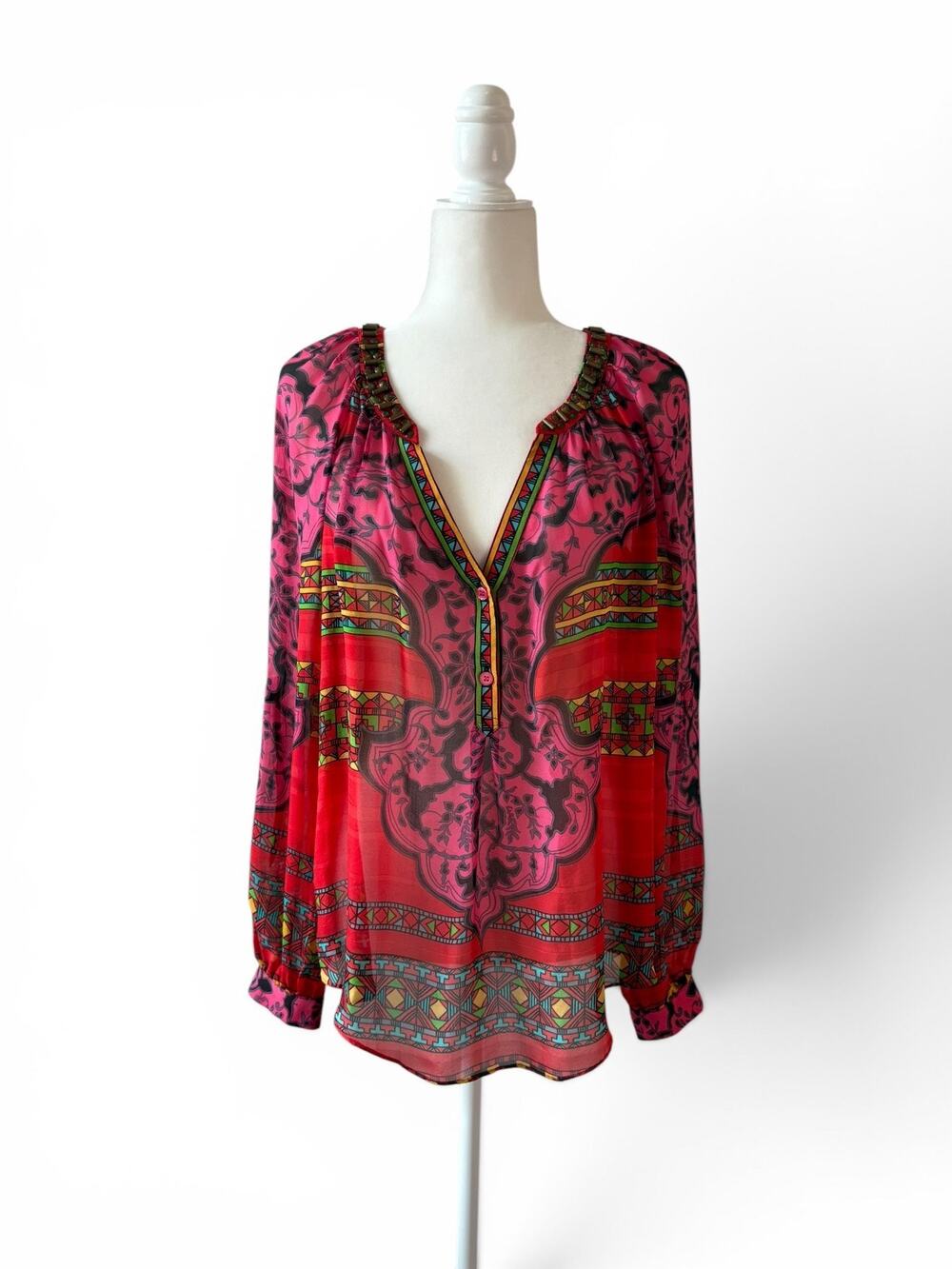 Hale Bob Silk Beaded Tunic Top Sz M Red Pink Boho Print Blouse Long Sleeve